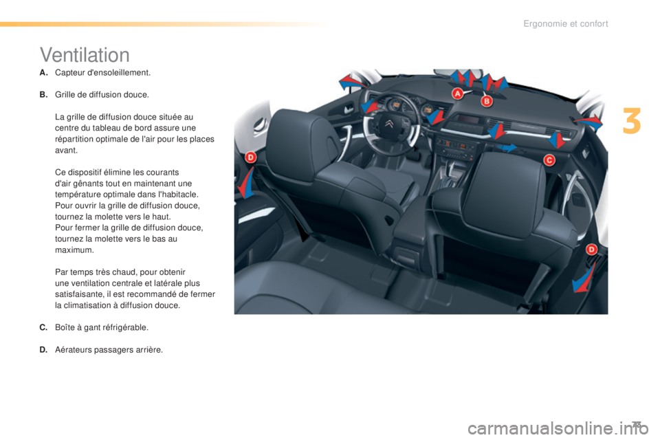 CITROEN C5 2016  Notices Demploi (in French) 73
Ventilation
A. Capteur d'ensoleillement.
B.
 G
rille de diffusion douce.
 

l
a g
 rille de diffusion douce située au 
centre du tableau de bord assure une 
répartition optimale de l'air 