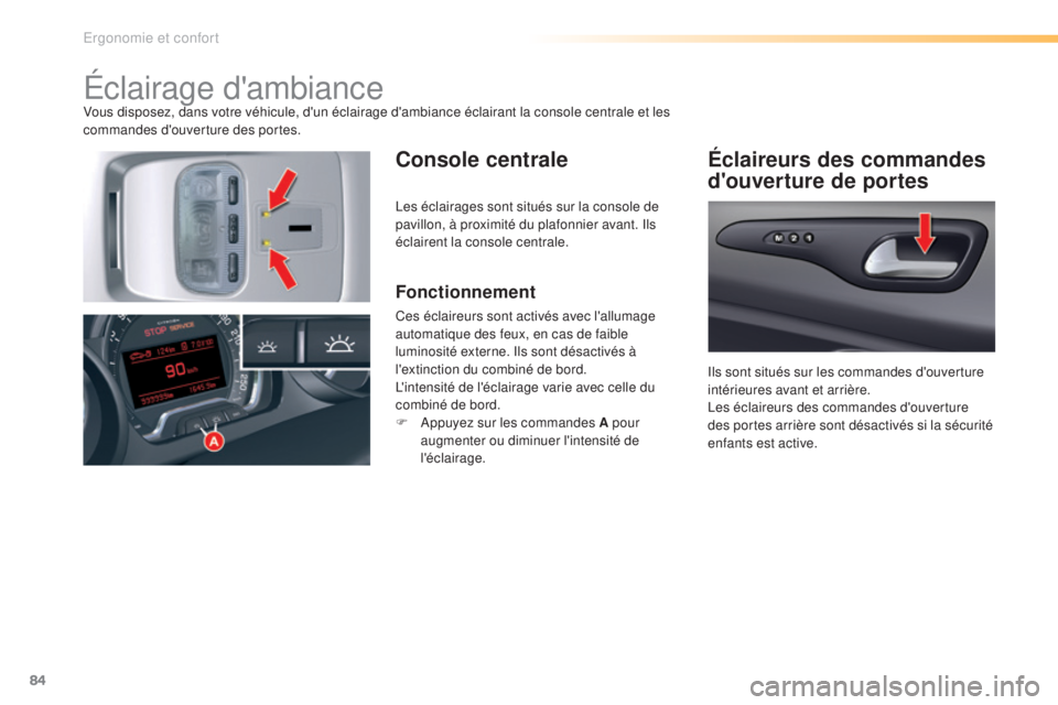 CITROEN C5 2016  Notices Demploi (in French) 84
Éclairage d'ambianceVous disposez, dans votre véhicule, d'un éclairage d'ambiance éclairant la console centrale et les 
commandes d'ouverture des portes.
Console centraleÉclair