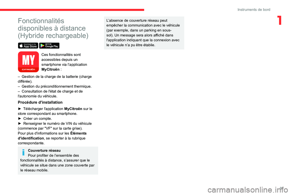 CITROEN C5 AIRCROSS 2022  Notices Demploi (in French) 27
Instruments de bord
1Fonctionnalités 
disponibles à distance 
(Hybride rechargeable)
 
 
Ces fonctionnalités sont 
accessibles depuis un 
smartphone via l’application 
MyCitroën  :
–
 
Gest