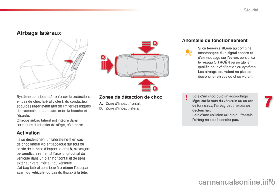 CITROEN C-ELYSÉE 2016 Notices Demploi (in French) 101
Airbags latéraux
Activation
ils se déclenchent unilatéralement en cas
d e choc latéral violent appliqué sur tout ou
partie de la zone d'impact latéral B , s'exerçant
perpendicula CITROEN C-ELYSÉE 2016 Notices Demploi (in French) 101
Airbags latéraux
Activation
ils se déclenchent unilatéralement en cas
d e choc latéral violent appliqué sur tout ou
partie de la zone d'impact latéral B , s'exerçant
perpendicula
