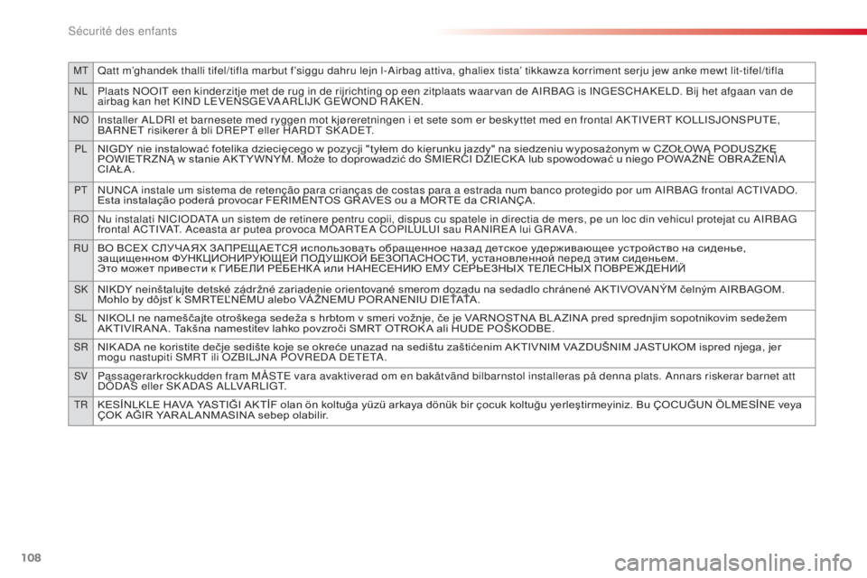 CITROEN C-ELYSÉE 2016 Notices Demploi (in French) 108
MtQatt m’ghandek thalli tifel/tifla marbut f’siggu dahru lejn l-airbag attiva, ghaliex tista’ tikkawza korriment serju jew anke mewt lit-tifel/tifla
nlPlaats nooit een kinderzitje met de rug CITROEN C-ELYSÉE 2016 Notices Demploi (in French) 108
MtQatt m’ghandek thalli tifel/tifla marbut f’siggu dahru lejn l-airbag attiva, ghaliex tista’ tikkawza korriment serju jew anke mewt lit-tifel/tifla
nlPlaats nooit een kinderzitje met de rug