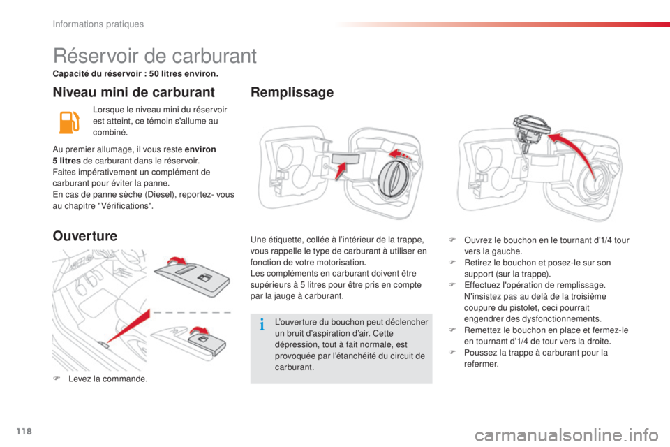 CITROEN C-ELYSÉE 2016 Notices Demploi (in French) 118
Niveau mini de carburant
lorsque le niveau mini du réservoir
est atteint, ce témoin s'allume au
combiné.
l’
ouverture du bouchon peut déclencher
un bruit d’aspiration d’air. Cette CITROEN C-ELYSÉE 2016 Notices Demploi (in French) 118
Niveau mini de carburant
lorsque le niveau mini du réservoir
est atteint, ce témoin s'allume au
combiné.
l’
ouverture du bouchon peut déclencher
un bruit d’aspiration d’air. Cette