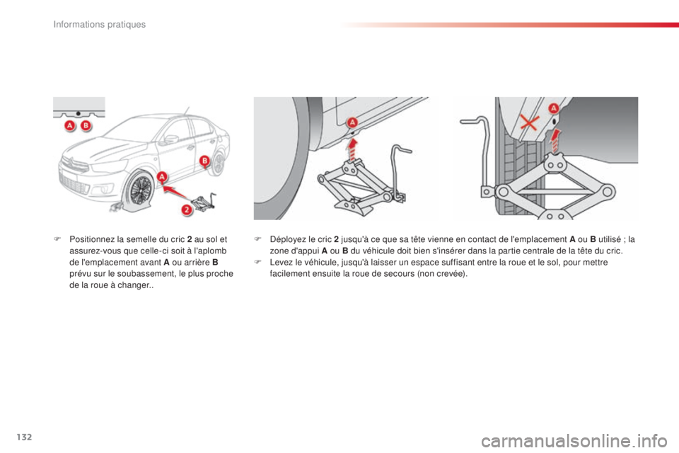 CITROEN C-ELYSÉE 2016  Notices Demploi (in French) 132
F Positionnez la semelle du cric 2 au sol et assurez-vous que celle-ci soit à l'aplomb 
de l'emplacement avant A ou arrière B 
prévu sur le soubassement, le plus proche 
de la roue à c