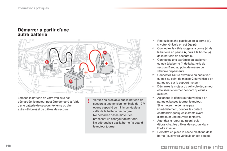 CITROEN C-ELYSÉE 2016 Notices Demploi (in French) 148
Démarrer à partir d'une
autre batterie
lorsque la batterie de votre véhicule est
déchargée, le moteur peut être démarré à l’aide
d’une batterie de secours (externe ou d’un
a CITROEN C-ELYSÉE 2016 Notices Demploi (in French) 148
Démarrer à partir d'une
autre batterie
lorsque la batterie de votre véhicule est
déchargée, le moteur peut être démarré à l’aide
d’une batterie de secours (externe ou d’un
a