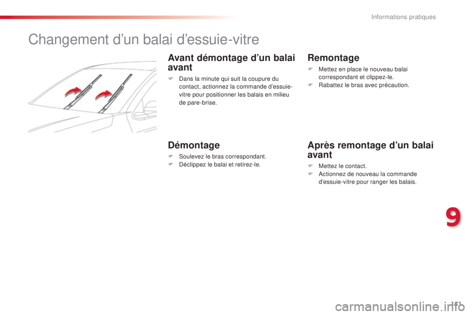 CITROEN C-ELYSÉE 2016  Notices Demploi (in French) 151
Changement d’un balai d’essuie-vitre
Avant démontage d’un balai 
avant
F  dans la minute qui suit la coupure du contact, actionnez la commande d’essuie-
vitre pour positionner les balais 