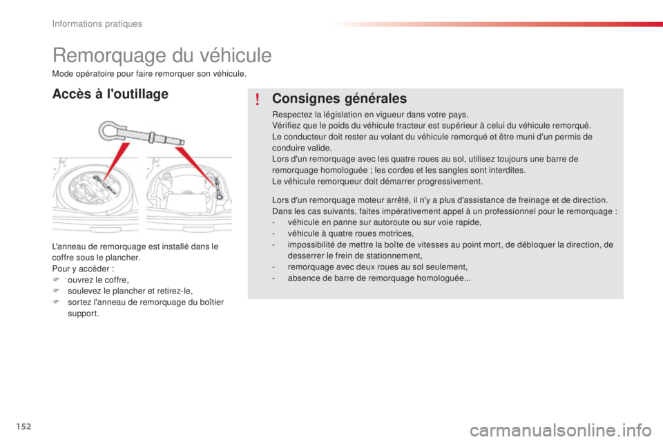 CITROEN C-ELYSÉE 2016 Notices Demploi (in French) 152
Remorquage du véhicule
Accès à l'outillage
l'anneau de remorquage est installé dans le
coffre sous le plancher.
Pour y accéder :
F
o
uvrez le coffre,
F
so
ulevez le plancher e CITROEN C-ELYSÉE 2016 Notices Demploi (in French) 152
Remorquage du véhicule
Accès à l'outillage
l'anneau de remorquage est installé dans le
coffre sous le plancher.
Pour y accéder :
F
o
uvrez le coffre,
F
so
ulevez le plancher e
