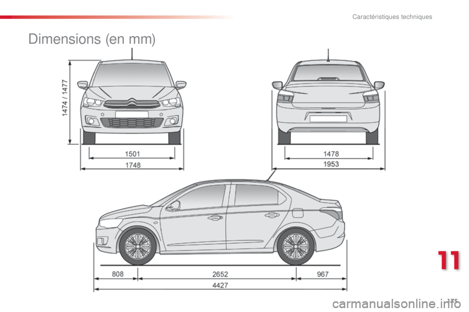 CITROEN C-ELYSÉE 2016  Notices Demploi (in French) 175
dimensions (en mm) 
11  
Caractéristiques techniques  