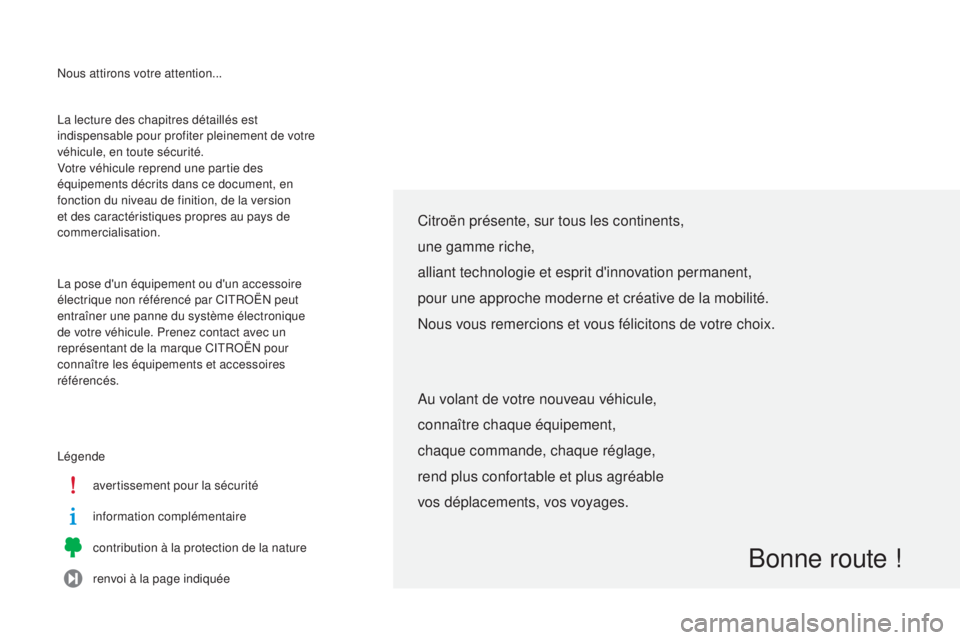 CITROEN C-ELYSÉE 2016 Notices Demploi (in French) nous attirons votre attention...
lé
gende avertissement pour la sécurité
information complémentaire
contribution à la protection de la nature
renvoi à la page indiquée
la l
ecture des chapitre CITROEN C-ELYSÉE 2016 Notices Demploi (in French) nous attirons votre attention...
lé
gende avertissement pour la sécurité
information complémentaire
contribution à la protection de la nature
renvoi à la page indiquée
la l
ecture des chapitre