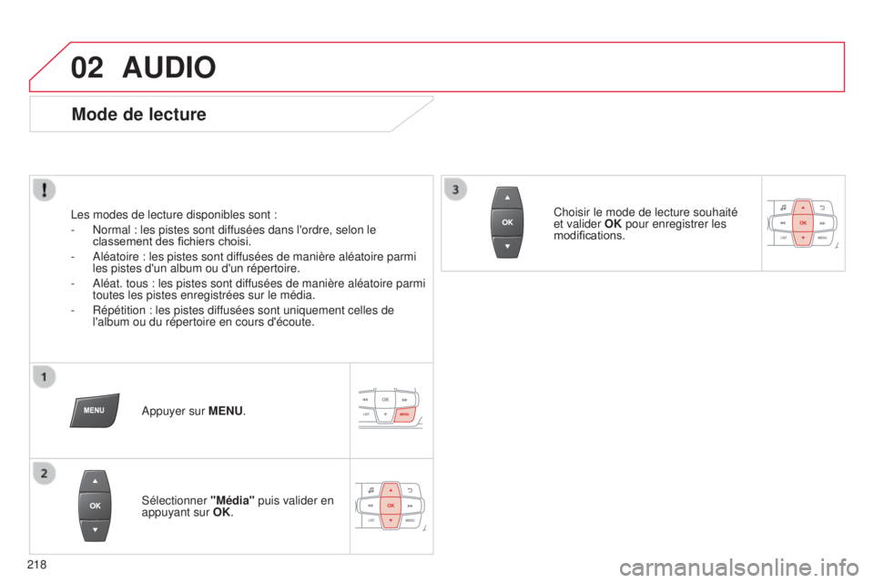 CITROEN C-ELYSÉE 2016  Notices Demploi (in French) 02
218
AUDIO
Mode de lecture
les modes de lecture disponibles sont :
-   n ormal : les pistes sont diffusées dans l'ordre, selon le 
classement des fichiers choisi.
-
  a léatoire : les pistes s