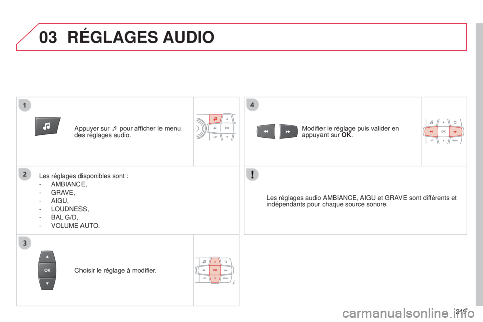 CITROEN C-ELYSÉE 2016  Notices Demploi (in French) 03
219
a

ppuyer sur ¯ pour afficher le menu 
des réglages audio.
l

es réglages disponibles sont :
-
 a
MB
ian
C
e
,
-
 
GR
a
V

e
,
-
 ai
G
u
,
-
 loudness
,
-
 
B

al
 G/

d
,
-
 
V

olu
M
e
 
a