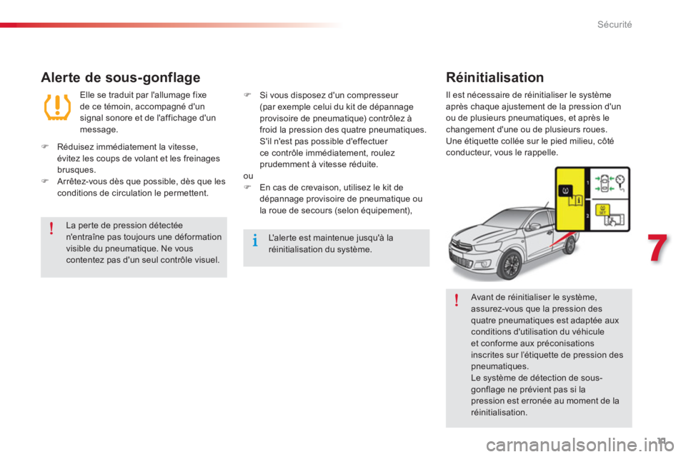 CITROEN C-ELYSÉE 2016 Notices Demploi (in French) 11
7
Sécurité
Avant de réinitialiser le système,
assurez-vous que la pression des
quatre pneumatiques est adaptée aux
conditions dutilisation du véhicule
et conforme aux préconisations CITROEN C-ELYSÉE 2016 Notices Demploi (in French) 11
7
Sécurité
Avant de réinitialiser le système,
assurez-vous que la pression des
quatre pneumatiques est adaptée aux
conditions dutilisation du véhicule
et conforme aux préconisations