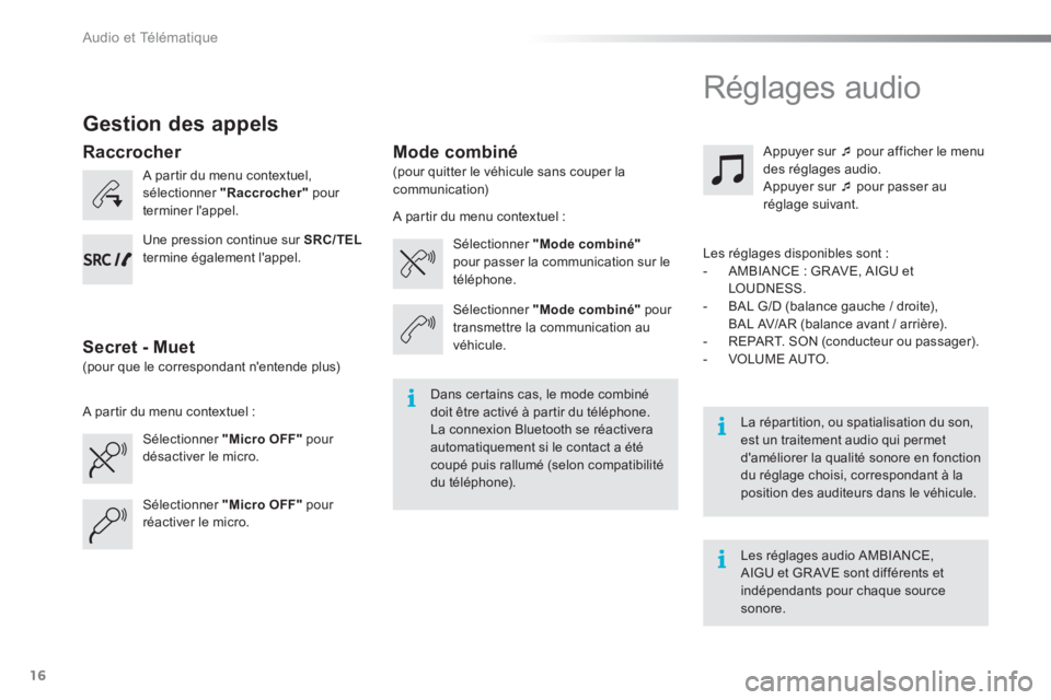 CITROEN C-ELYSÉE 2016  Notices Demploi (in French) Audio et Télématique
16
   
Gestion des appels 
 
 
A partir du menu contextuel, 
sélectionner  "Raccrocher" 
 pour 
terminer lappel.  
   
Sélectionner  "Micro OFF" 
 pour 
désactiver le micro.
