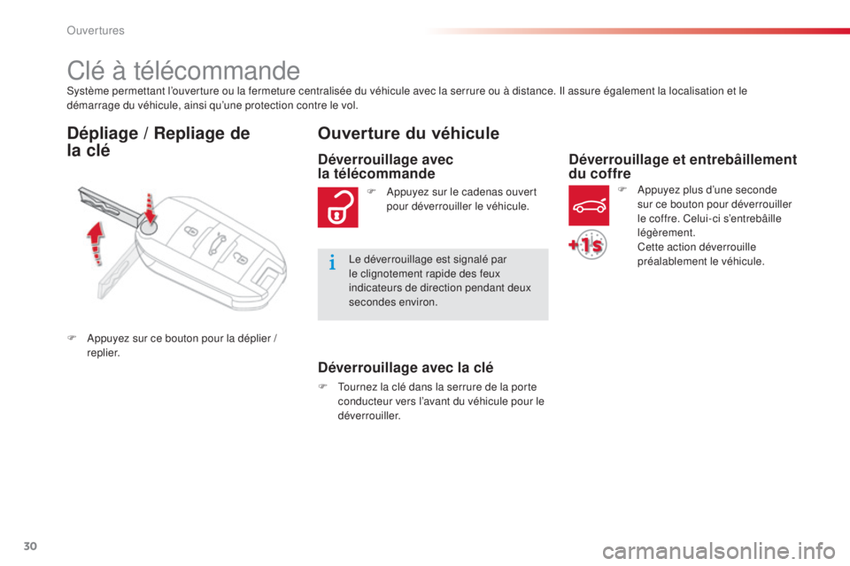 CITROEN C-ELYSÉE 2016  Notices Demploi (in French) 30
système permettant l’ouverture ou la fermeture centralisée du véhicule avec la serrure ou à distance. il a ssure également la localisation et le 
démarrage du véhicule, ainsi qu’une prot