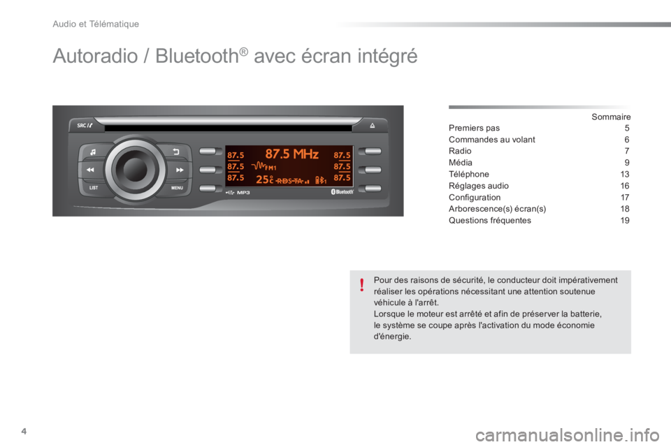 CITROEN C-ELYSÉE 2016  Notices Demploi (in French) Audio et Télématique
4
  Autoradio / Bluetooth ® 
 avec écran intégré  
 
 
Sommaire  
Premiers pas  5
Commandes au volant  6
Radio 7
Média 9
Té l é p h o n e  13
Réglages audio  16
Conﬁ g