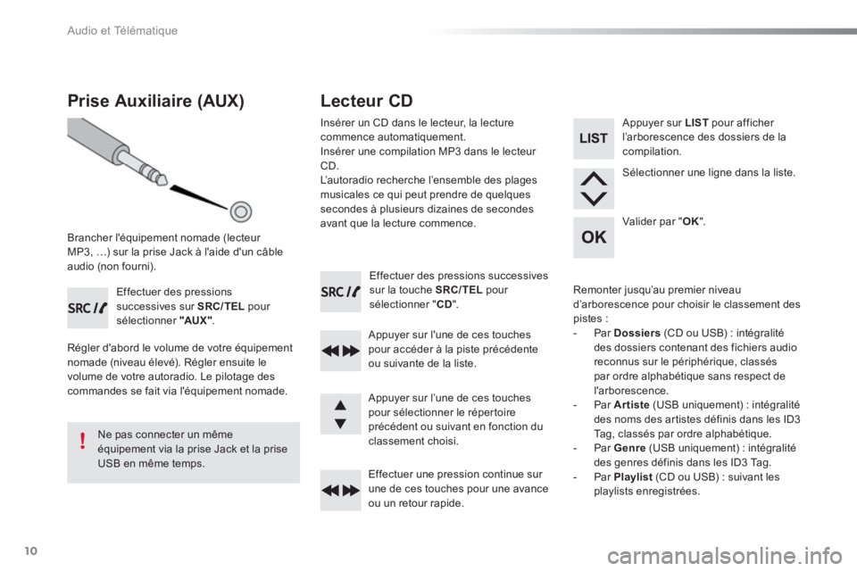CITROEN C-ELYSÉE 2016 Notices Demploi (in French) Audio et Télématique
10
Effectuer des pressions successives
sur la touche SRC/TEL
pour
sélectionner " CD
".
Appuyer sur lune de ces touches
pour accéder à la piste précédente CITROEN C-ELYSÉE 2016 Notices Demploi (in French) Audio et Télématique
10
Effectuer des pressions successives
sur la touche SRC/TEL
pour
sélectionner " CD
".
Appuyer sur lune de ces touches
pour accéder à la piste précédente