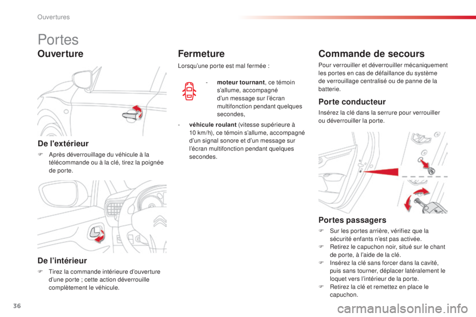 CITROEN C-ELYSÉE 2016 Notices Demploi (in French) 36
Portes
De l'extérieur
F après déverrouillage du véhicule à la télécommande ou à la clé, tirez la poignée
de porte.
Ouverture
De l’intérieur
F tirez la commande intérieure d’o CITROEN C-ELYSÉE 2016 Notices Demploi (in French) 36
Portes
De l'extérieur
F après déverrouillage du véhicule à la télécommande ou à la clé, tirez la poignée
de porte.
Ouverture
De l’intérieur
F tirez la commande intérieure d’o