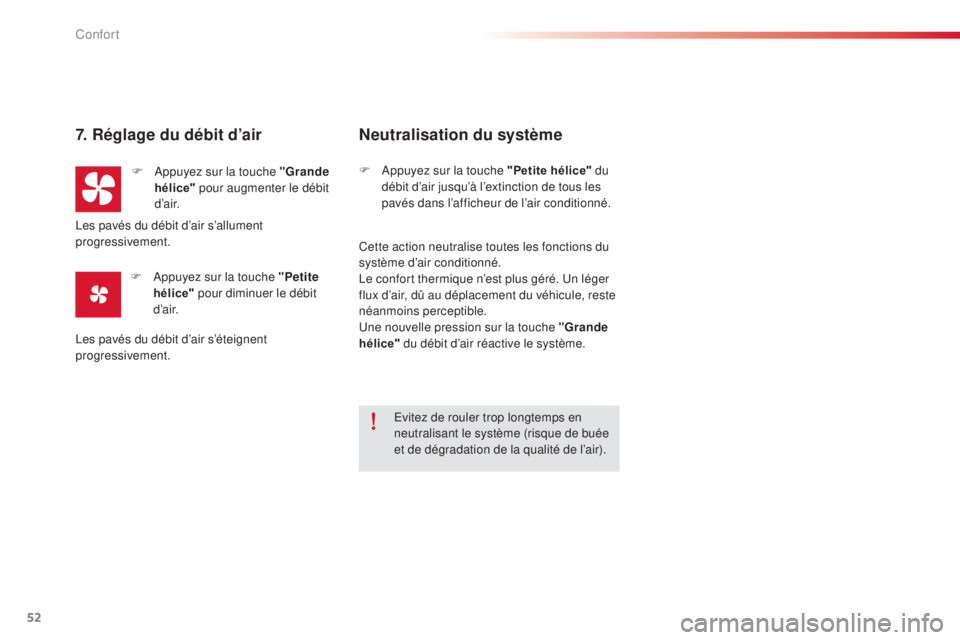 CITROEN C-ELYSÉE 2016  Notices Demploi (in French) 52
7. Réglage du débit d’air
F  appuyez sur la touche "Grande hélice"  pour augmenter le débit 
d ’a i r.
F
  a
p
 puyez sur la touche "Petite 
hélice"  pour diminuer le débi