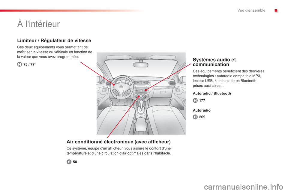 CITROEN C-ELYSÉE 2016  Notices Demploi (in French) 5
17 7
209
50
75 / 77
À l'intérieur
Air conditionné électronique (avec afficheur)
Ce système, équipé d'un afficheur, vous assure le confort d'une 
température et d'une circulat