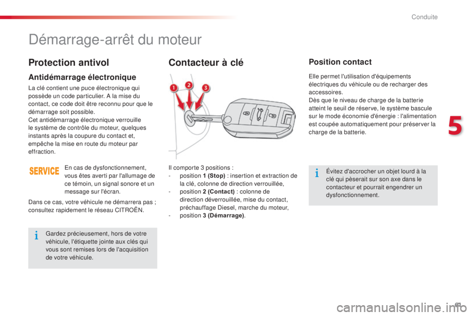 CITROEN C-ELYSÉE 2016  Notices Demploi (in French) 61
démarrage-arrêt du moteur
il comporte 3 positions  :
-   position  1 (Stop)
  : insertion et extraction de 
la clé, colonne de direction verrouillée,
-
  position  2 (Contact)
  : colonne de 
d