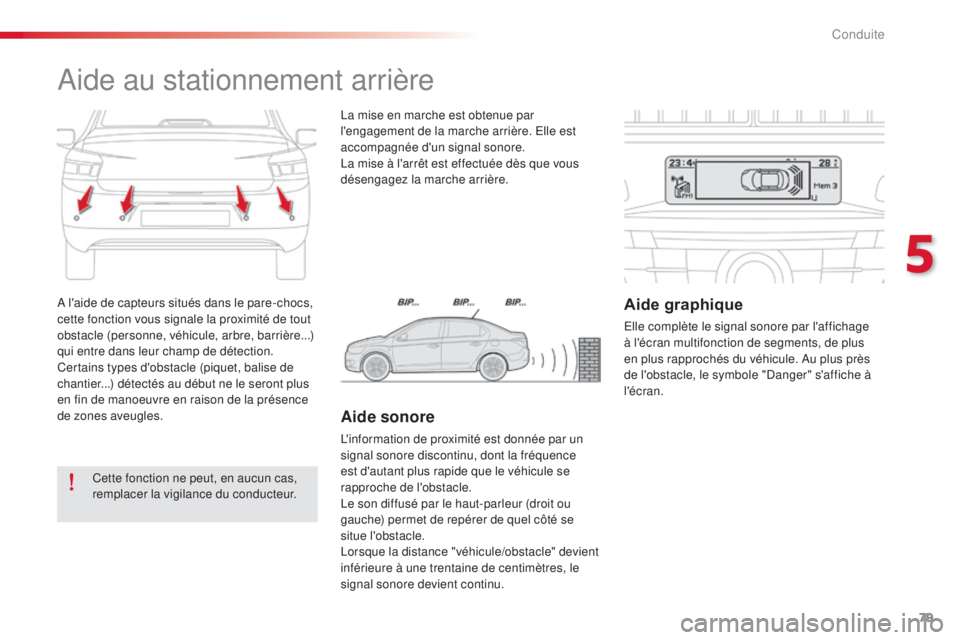 CITROEN C-ELYSÉE 2016 Notices Demploi (in French) 79
a l'aide de capteurs situés dans le pare-chocs,
c ette fonction vous signale la proximité de tout
obstacle (personne, véhicule, arbre, barrière...)
qui entre dans leur champ de détectio CITROEN C-ELYSÉE 2016 Notices Demploi (in French) 79
a l'aide de capteurs situés dans le pare-chocs,
c ette fonction vous signale la proximité de tout
obstacle (personne, véhicule, arbre, barrière...)
qui entre dans leur champ de détectio