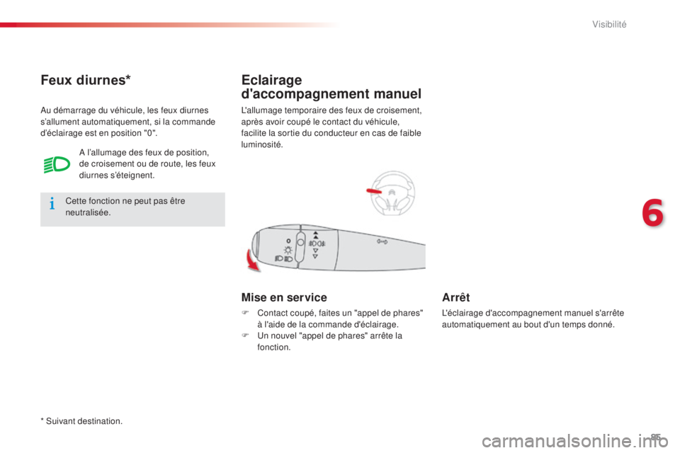 CITROEN C-ELYSÉE 2016  Notices Demploi (in French) 85
l'allumage temporaire des feux de croisement, 
après avoir coupé le contact du véhicule, 
facilite la sortie du conducteur en cas de faible 
luminosité.
Eclairage 
d'accompagnement manu