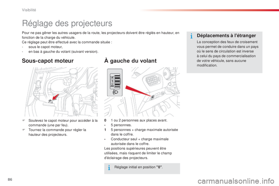 CITROEN C-ELYSÉE 2016 Notices Demploi (in French) 86
Réglage des projecteurs
Pour ne pas gêner les autres usagers de la route, les projecteurs doivent être réglés en hauteur, en
fonction de la charge du véhicule.
Ce réglage peut être effectu CITROEN C-ELYSÉE 2016 Notices Demploi (in French) 86
Réglage des projecteurs
Pour ne pas gêner les autres usagers de la route, les projecteurs doivent être réglés en hauteur, en
fonction de la charge du véhicule.
Ce réglage peut être effectu