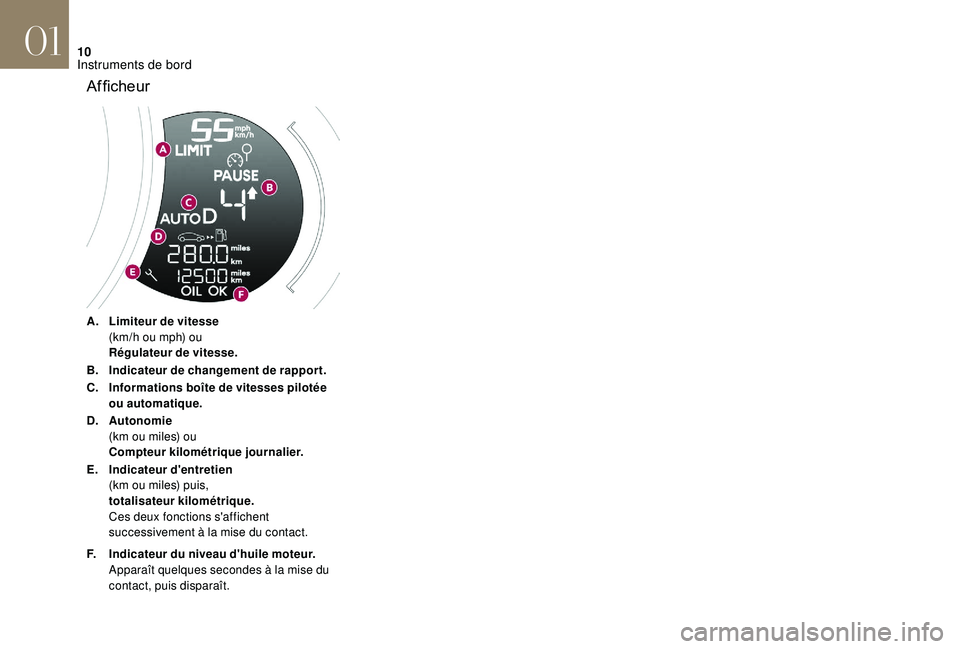 CITROEN DS3 2018  Notices Demploi (in French) 10
A.Limiteur de vitesse
(km/h ou mph) ou
Régulateur de vitesse.
B. Indicateur de changement de rapport.
C. Informations boîte de vitesses pilotée 
ou automatique.
D. Autonomie
(km ou miles) ou
Com