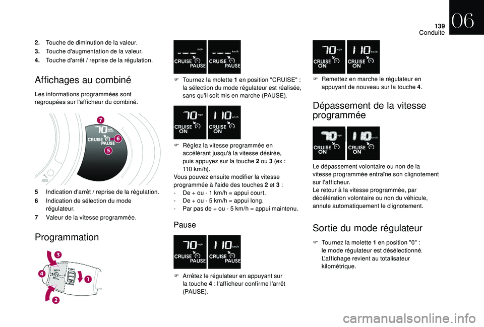 CITROEN DS3 2018 Notices Demploi (in French) 139
2.Touche de diminution de la valeur.
3. Touche d'augmentation de la valeur.
4. Touche d'arrêt
/ reprise de la régulation.
Affichages au combiné
Les informations programmées sont
reg CITROEN DS3 2018 Notices Demploi (in French) 139
2.Touche de diminution de la valeur.
3. Touche d'augmentation de la valeur.
4. Touche d'arrêt
/ reprise de la régulation.
Affichages au combiné
Les informations programmées sont
reg