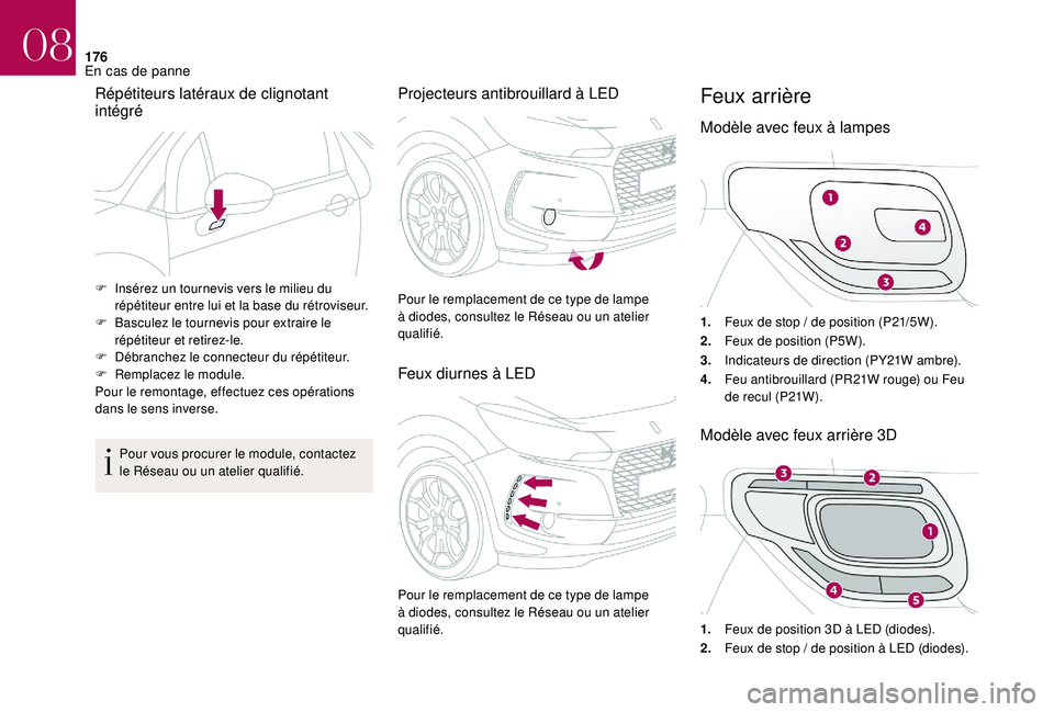 CITROEN DS3 2018  Notices Demploi (in French) 176
Répétiteurs latéraux de clignotant 
intégré
Pour vous procurer le module, contactez 
le Réseau ou un atelier qualifié.
Projecteurs antibrouillard à LED
Feux diurnes à LEDFeux arrière
Mod