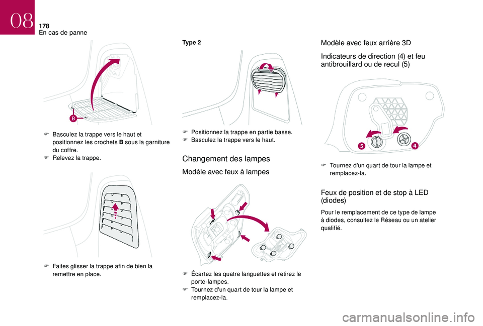 CITROEN DS3 2018  Notices Demploi (in French) 178
Ty p e  2
Changement des lampes
Modèle avec feux à lampesModèle avec feux arrière 3D
Indicateurs de direction (4) et feu 
antibrouillard ou de recul (5)
Feux de position et de stop à LED 
(d 