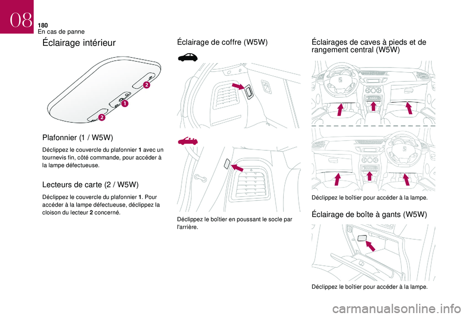 CITROEN DS3 2018  Notices Demploi (in French) 180
Éclairage intérieur
Plafonnier (1 / W5W)
Déclippez le couvercle du plafonnier 1 avec un 
tournevis fin, côté commande, pour accéder à 
la lampe défectueuse.
Lecteurs de carte (2 / W5W)
Dé