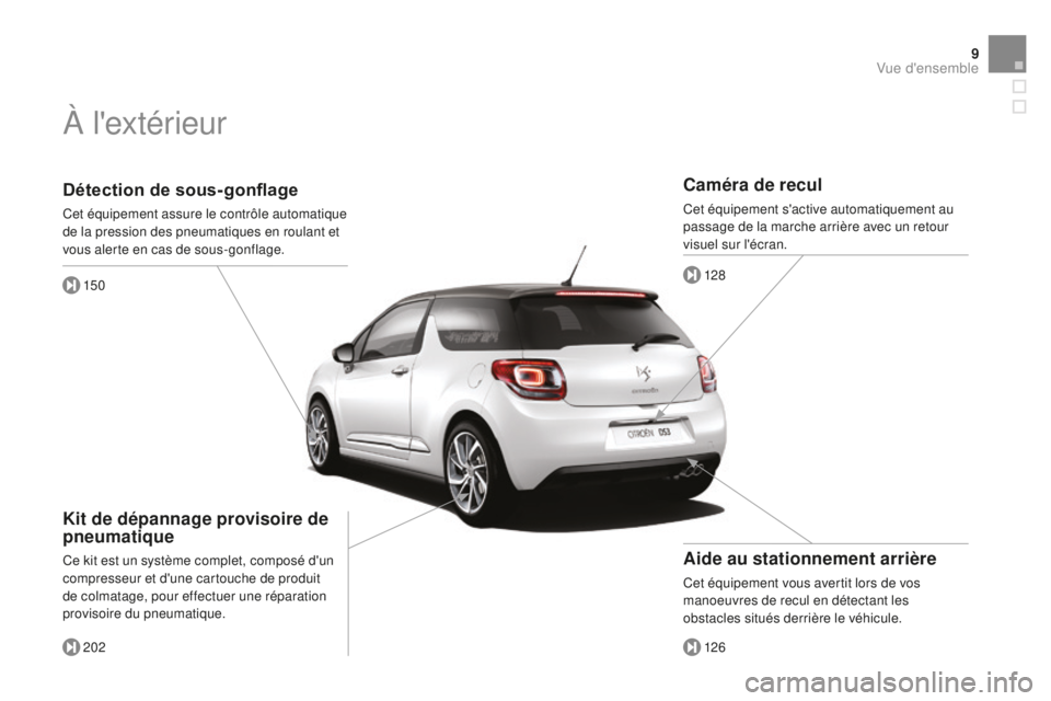 CITROEN DS3 2015  Notices Demploi (in French) 9
Détection de sous-gonflage
Cet équipement assure le contrôle automatique 
de la pression des pneumatiques en roulant et 
vous alerte en cas de sous-gonflage.150
202
Kit de dépannage provisoire d