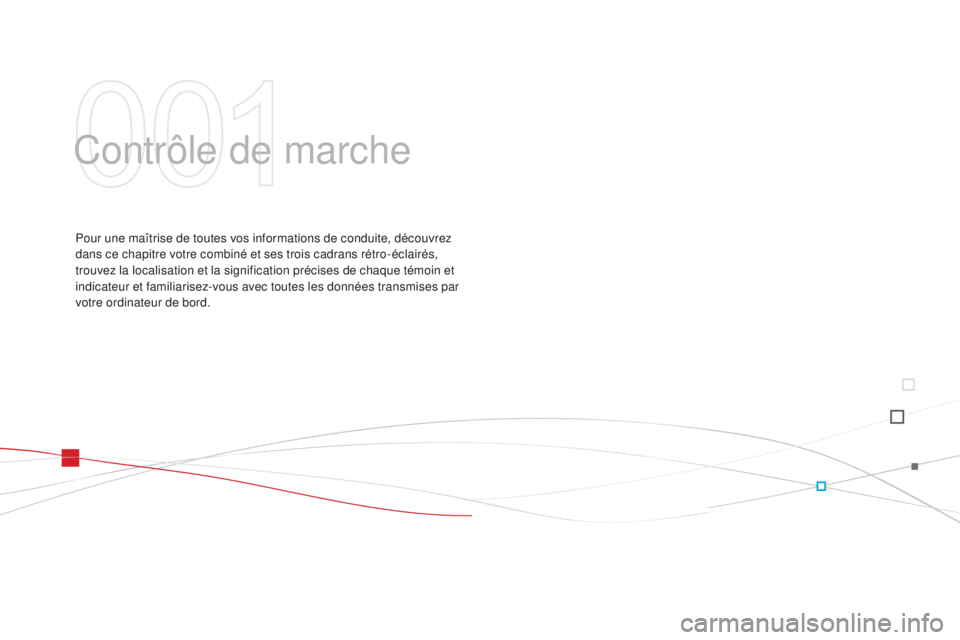 CITROEN DS3 2015  Notices Demploi (in French) Contrôle de marche
Pour une maîtrise de toutes vos informations de conduite, découvrez 
dans ce chapitre votre combiné et ses trois cadrans rétro-éclairés, 
trouvez la localisation et la signif