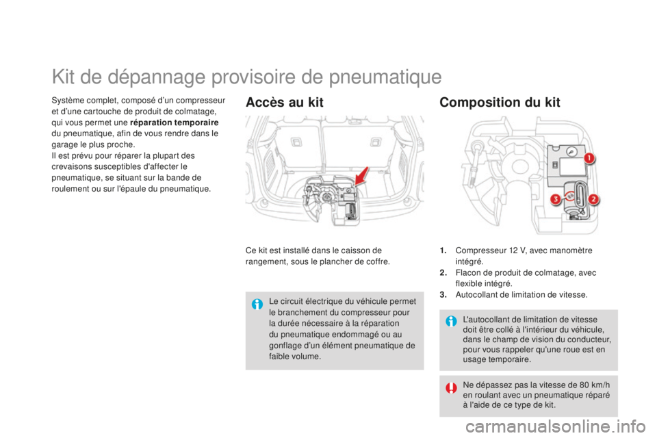 CITROEN DS3 2015  Notices Demploi (in French) l'autocollant de limitation de vitesse 
doit être collé à l'intérieur du véhicule, 
dans le champ de vision du conducteur, 
pour vous rappeler qu'une roue est en 
usage temporaire.
Co