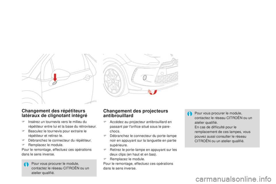 CITROEN DS3 2015  Notices Demploi (in French) Pour vous procurer le module, 
contactez le réseau CitRoËn  ou un 
atelier qualifié.
en c

as de difficulté pour le 
remplacement de ces lampes, vous 
pouvez aussi consulter le réseau 
C
i

t
Ro