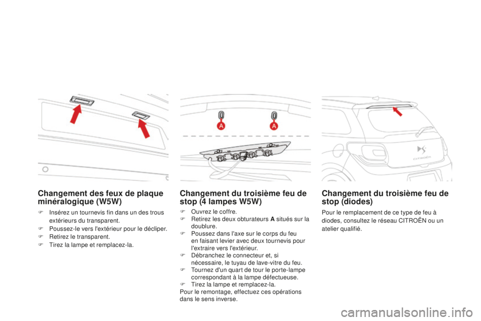CITROEN DS3 2015  Notices Demploi (in French) Changement du troisième feu de 
stop (4 lampes W5W)
F  ouvrez le coffre.
F R etirez les deux obturateurs A situés sur la 
doublure.
F
 
P
 oussez dans l'axe sur le corps du feu 
en faisant levie