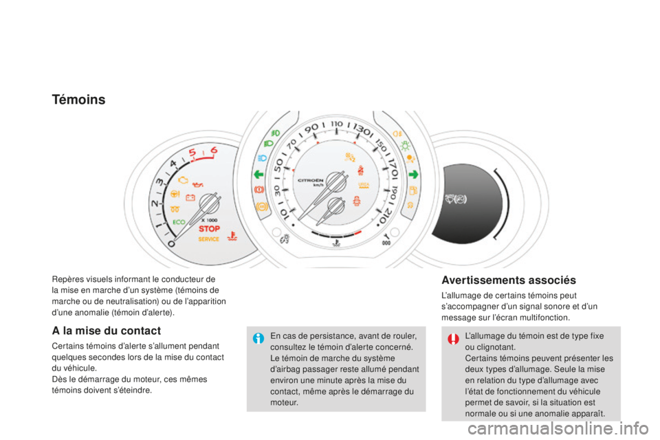 CITROEN DS3 2015  Notices Demploi (in French) Repères visuels informant le conducteur de 
la mise en marche d’un système (témoins de 
marche ou de neutralisation) ou de l’apparition 
d’une anomalie (témoin d’alerte).
Témoins
Avertiss