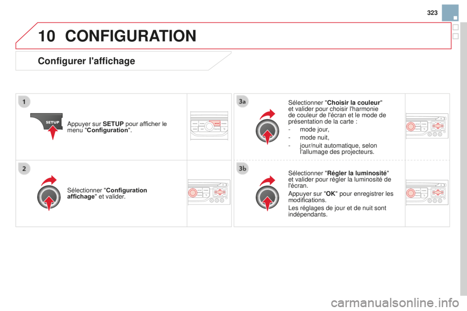 CITROEN DS3 2015  Notices Demploi (in French) 10
323
CONFIGURATION
appuyer sur SETUP pour afficher le 
menu " Configuration ".
s
 électionner "
Choisir la couleur " 
et valider pour choisir l'harmonie 
de couleur de l'éc