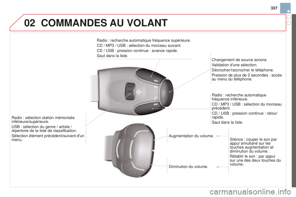 CITROEN DS3 2015  Notices Demploi (in French) 02
337
COMMANDES AU VOLANT
Radio : recherche automatique fréquence supérieure.
Cd  / MP3 /  us B : sélection du morceau suivant.
C
d  /  us B : pression continue : avance rapide.
s

aut dans la lis