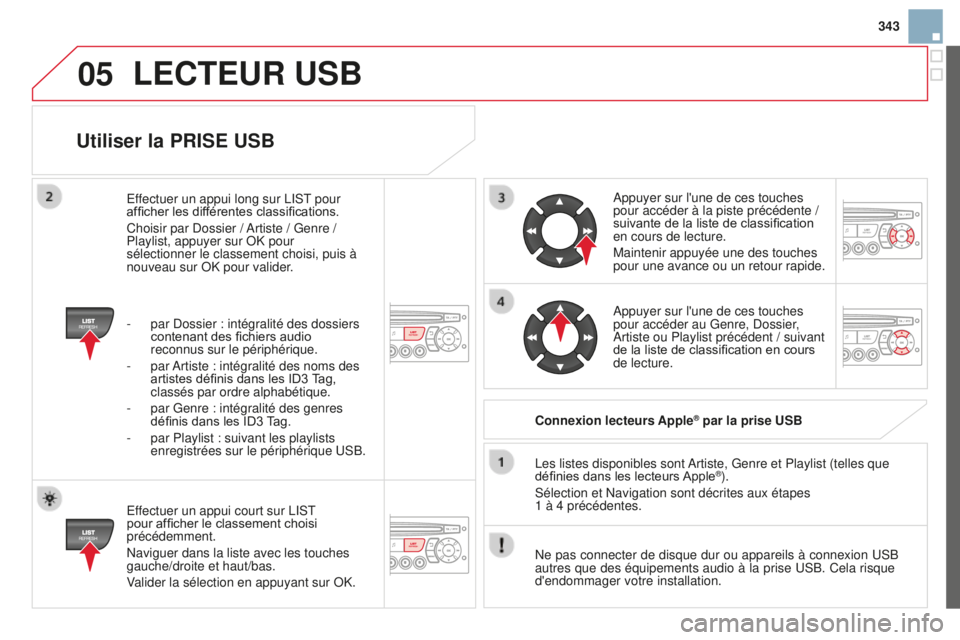 CITROEN DS3 2015  Notices Demploi (in French) 05
343
Utiliser la PRISE USB
effectuer un appui court sur list 
pour afficher le classement choisi 
précédemment.
n

aviguer dans la liste avec les touches 
gauche/droite et haut/bas.
Valider la sé