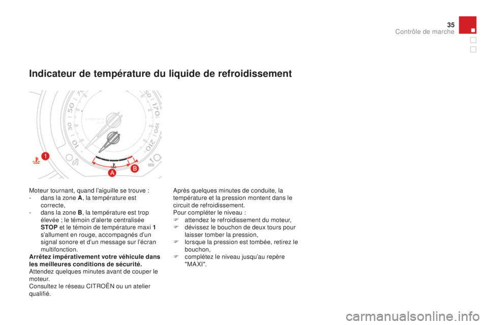 CITROEN DS3 2015  Notices Demploi (in French) 35
Moteur tournant, quand l’aiguille se trouve :
- d ans la zone A , la température est 
correcte,
-
 
d
 ans la zone B, la température est trop 
élevée ; le témoin d’alerte centralisée 
STO