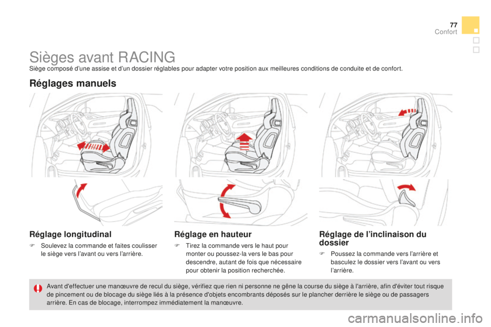 CITROEN DS3 2015  Notices Demploi (in French) 77
sièges avant RaCinGsiège composé d’une assise et d’un dossier réglables pour adapter votre position aux meilleures conditions de conduite et de confort.
Réglages manuels
Réglage longitudi