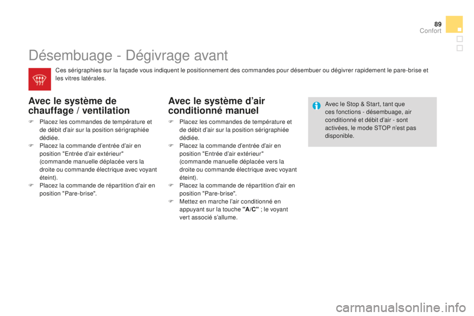 CITROEN DS3 2015  Notices Demploi (in French) 89
désembuage - dé givrage avant
Avec le système de 
chauffage / ventilation
F Placez les commandes de température et 
de débit d’air sur la position sérigraphiée 
dédiée.
F
 
P
 lacez la c