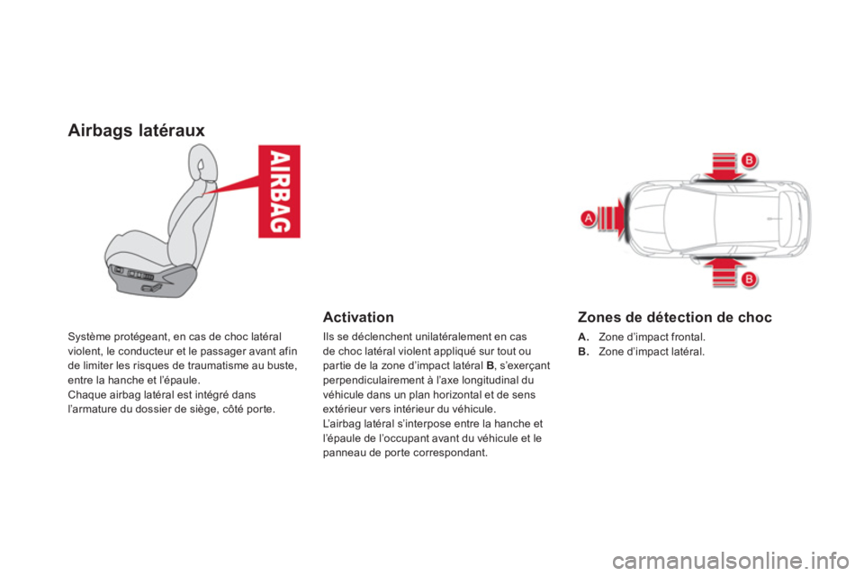 CITROEN DS4 2014  Notices Demploi (in French)    
 
 
 
 
 
Airbags latéraux 
 
Système protégeant, en cas de choc latéral 
violent, le conducteur et le passager avant afin 
de limiter les risques de traumatisme au buste, 
entre la hanche et 