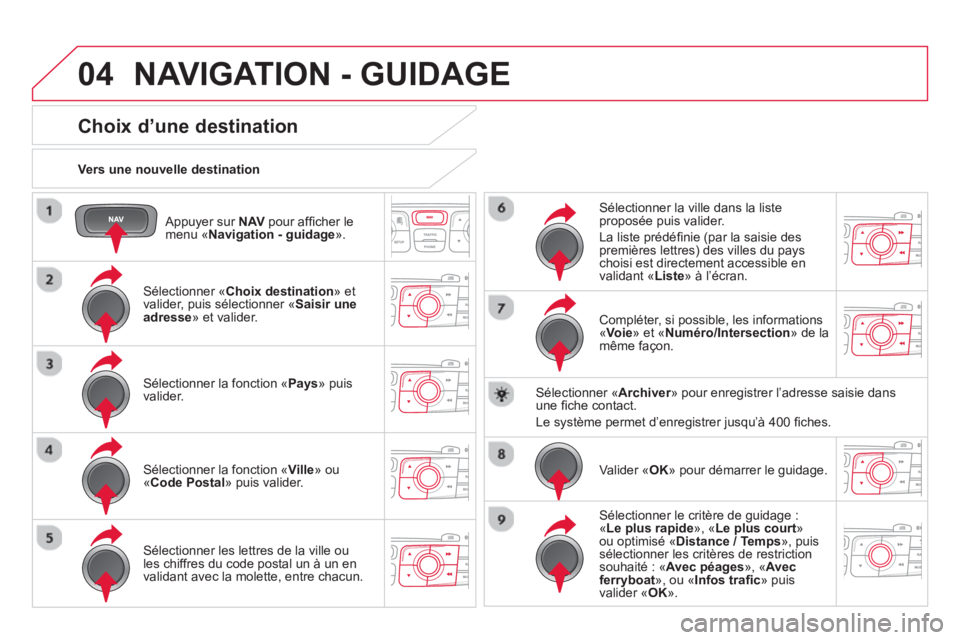 CITROEN DS4 2014 Notices Demploi (in French) 04
Appuyer sur NAV
pour affi cher le
menu « Navigation - guidage
».
Vers une nouvelle destination
NAVIGATION - GUIDAGE
Choix d’une destination
S CITROEN DS4 2014 Notices Demploi (in French) 04
Appuyer sur NAV
pour affi cher le
menu « Navigation - guidage
».
Vers une nouvelle destination
NAVIGATION - GUIDAGE
Choix d’une destination
S