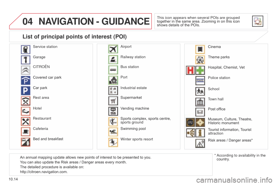 Citroen BERLINGO MULTISPACE RHD 2014.5 2.G Owners Manual 04
10.14
Berlingo_2_VP_en_Chap10b_RT6-2-8_ed02-2014
nAVIGAtIO n - Gu I d A nc E
This icon appears when several PoIs are grouped 
together   in   the   same   area.   Zooming   in   on   this 