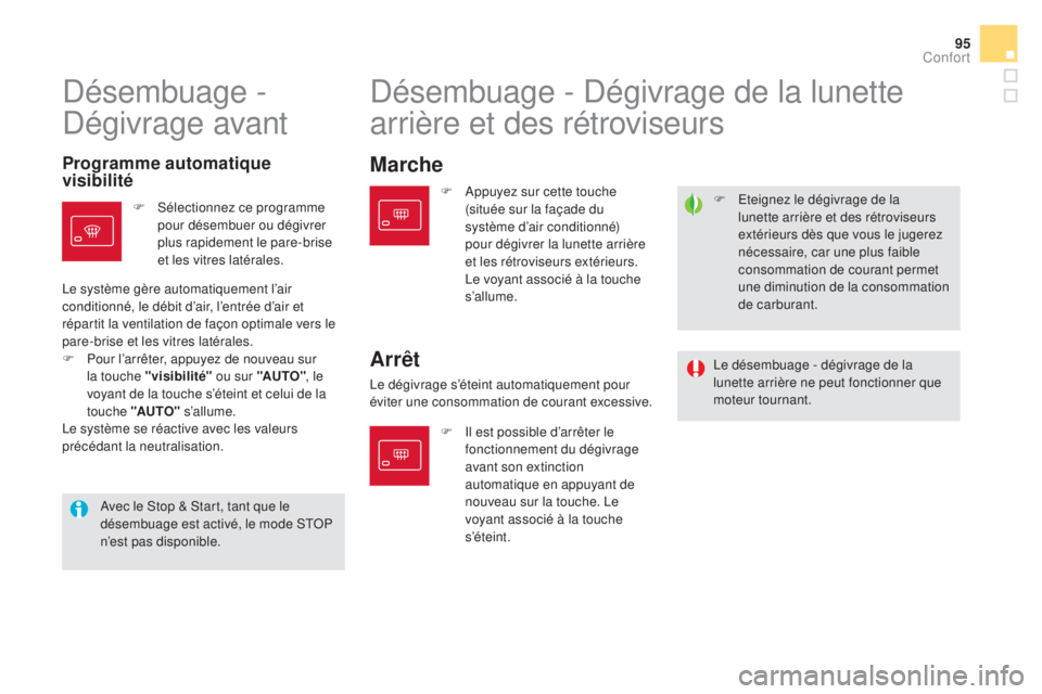 CITROEN DS5 2016  Notices Demploi (in French) 95
F Eteignez le dégivrage de la 
lunette arrière et des rétroviseurs 
extérieurs dès que vous le jugerez 
nécessaire, car une plus faible 
consommation de courant permet 
une diminution de la c