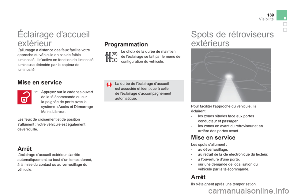 CITROEN DS5 2012  Notices Demploi (in French) Visibilité
   
 
 
 
 
Éclairage d’accueil 
extérieur 
  L’ a l l u m age à distance des feux facilite votre
approche du véhicule en cas de faible 
luminosité. Il s’active en fonction de l