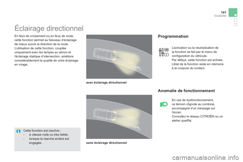 CITROEN DS5 2012  Notices Demploi (in French) 141Visibilité
   
En feux de croisement ou en feux de route, 
cette fonction permet au faisceau d’éclairage de mieux suivre la direction de la route. 
  L’utilisation de cette fonction, couplée
