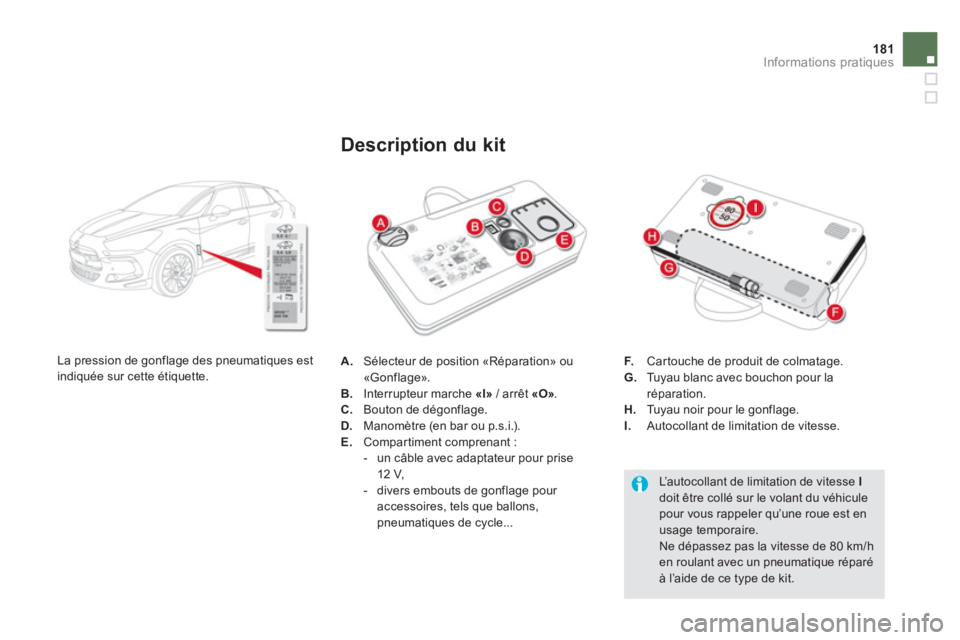 CITROEN DS5 2012  Notices Demploi (in French) 181Informations pratiques
A.   Sélecteur de position «Réparation» ou «Gonflage». 
B.    Interrupteur marche  «I»/ arrêt «O» . C. 
  Bouton de dégonflage. D. 
 Manomètre (en bar ou p.s.i.)